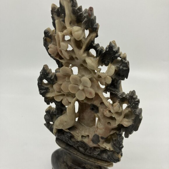 Vintage Carved Soapstone Floral Hand Made Stone Sculpture Chinese Flowers Bird - Picture 5 of 9
